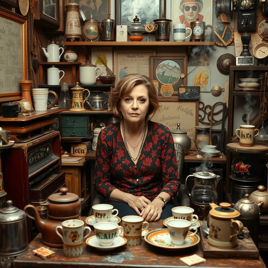 Eclectic Coffee Scene in Mixed Media Style