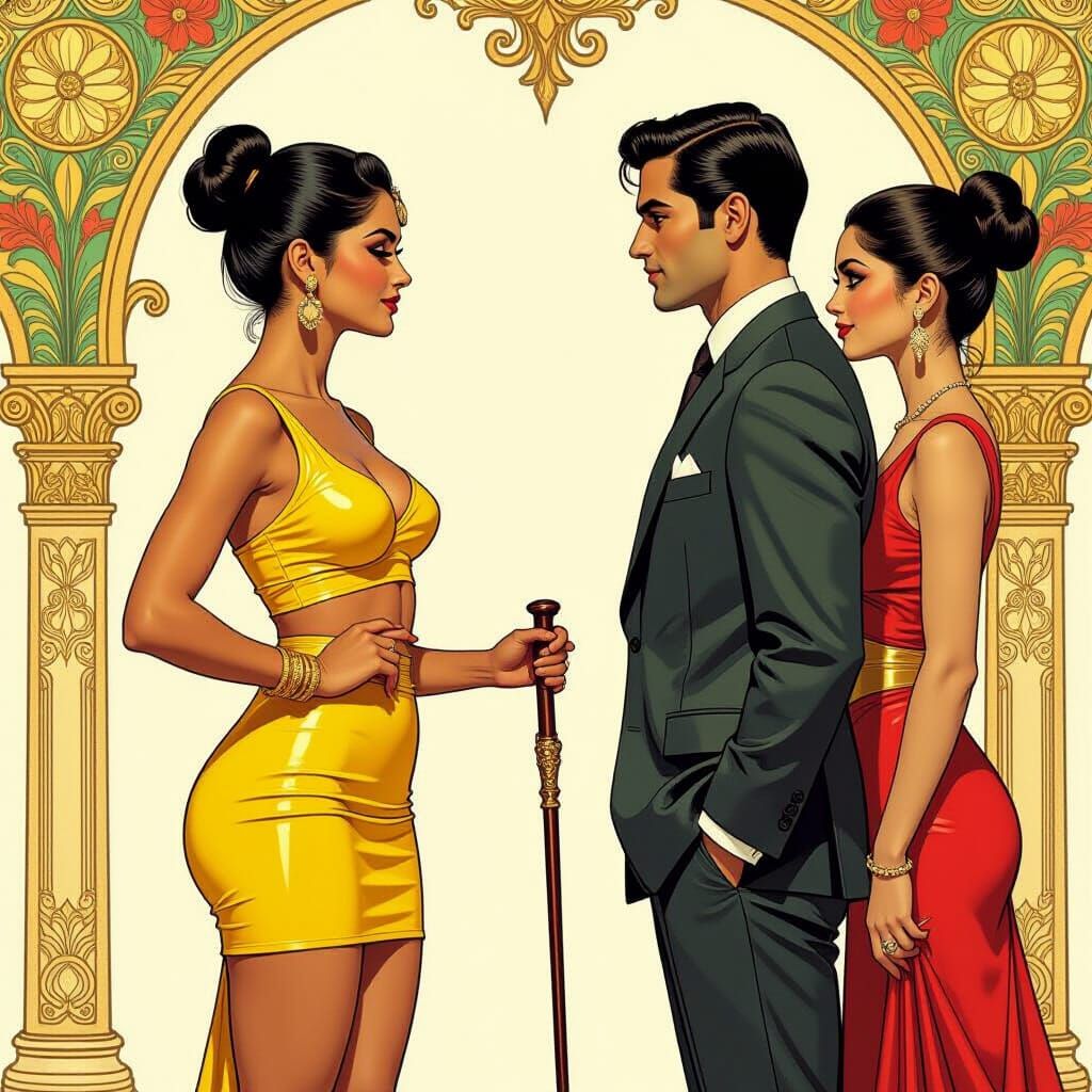 Indian Woman in Yellow Miniskirt with Cane in Fantasy Concep...