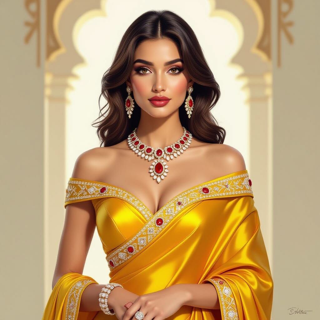 Elegant Woman in Yellow Red Gown with Diamond Jewelry