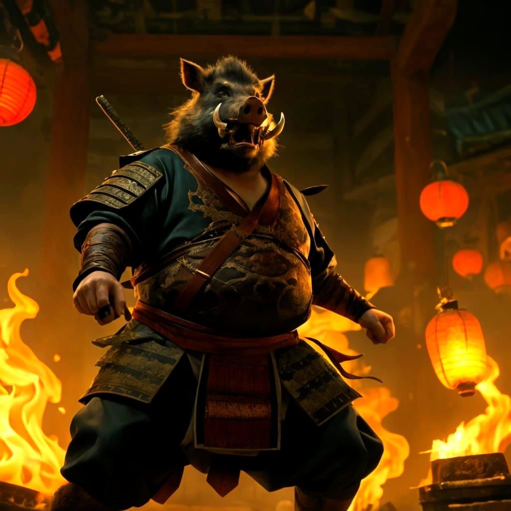 Boar-Headed Ninja Warrior Prepares for Battle