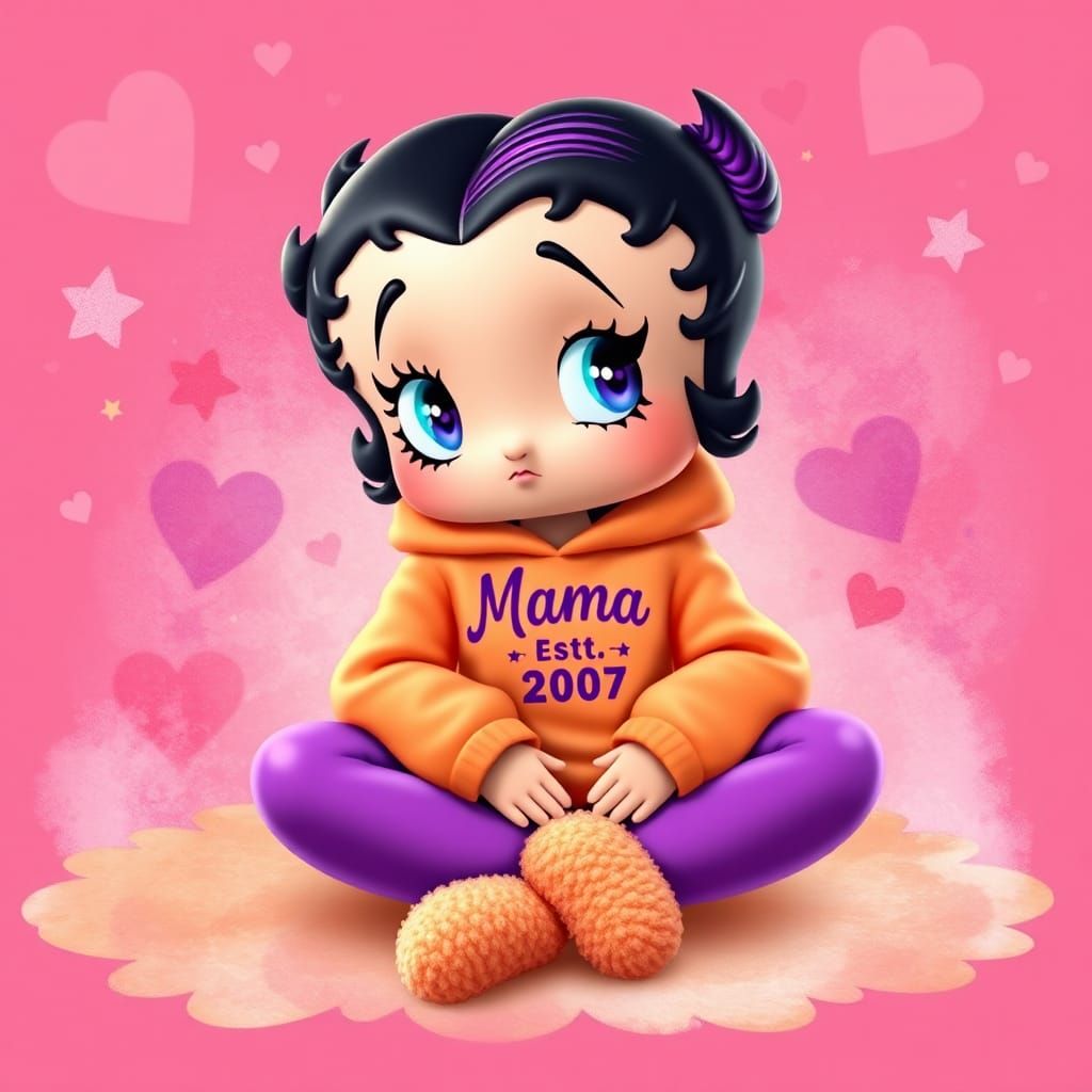 3D picture of a beautiful betty boop, voluminous apricot twist-out hairstyle w/purple streaks, apricot hoodie w/Mama Est...