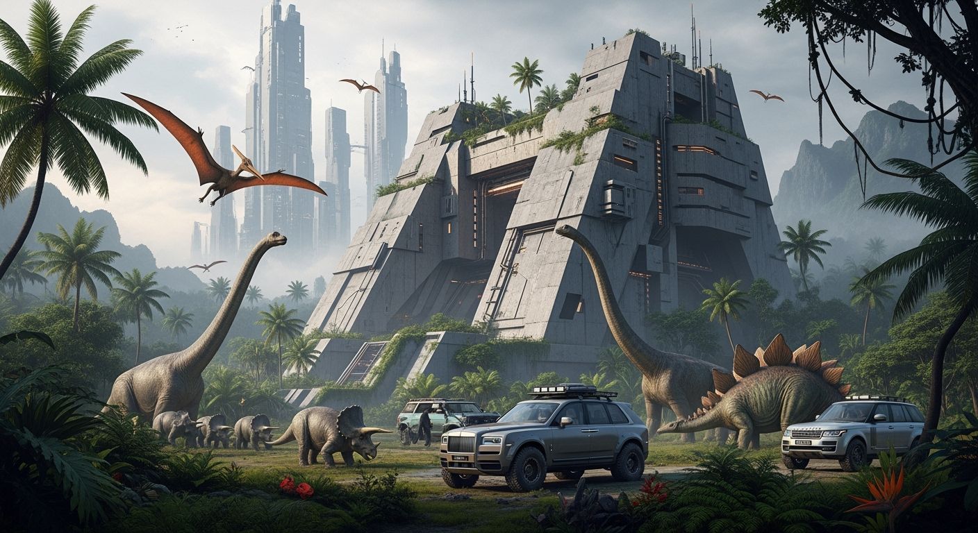 Futuristic Bunker and Dinosaurs in Tropical Jungle