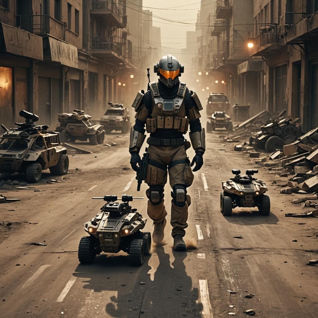 War-Torn Cityscape in Gritty Cinematic Style