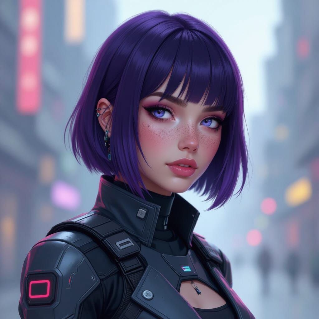 Cyberpunk Rebel Girl with Violet Hair in Sci-Fi World