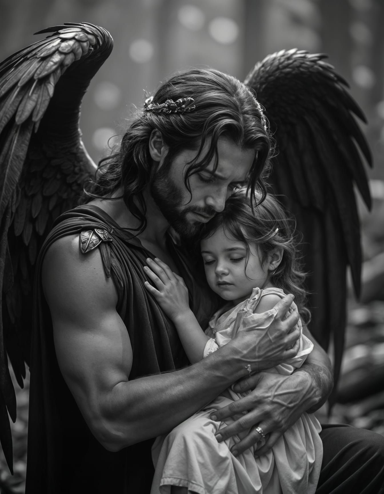 Fallen Angel Tenderly Holds Lost Child in Dark Fantasy Art