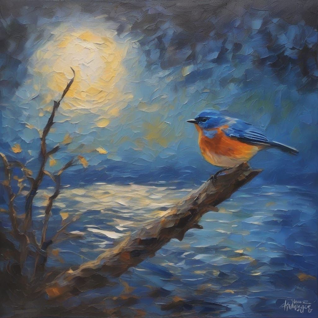 Bluebird Under Blue Moon in Textured Impasto Night Scene