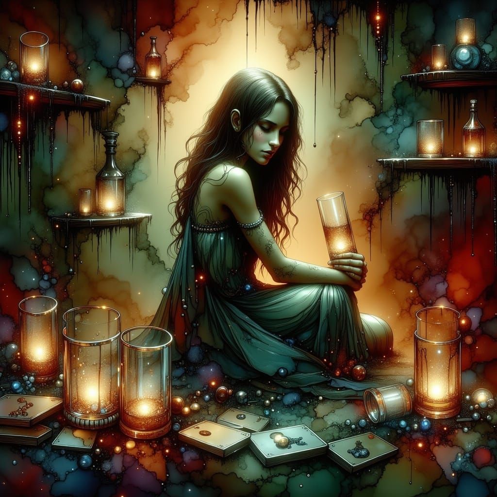 Moody Bar Scene with Melancholic Woman