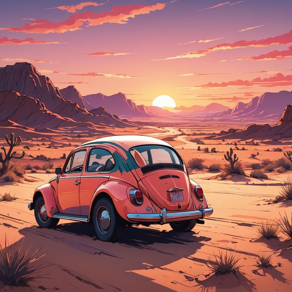 Beetle in Desert Sunset: Vibrant Anime Manga Style