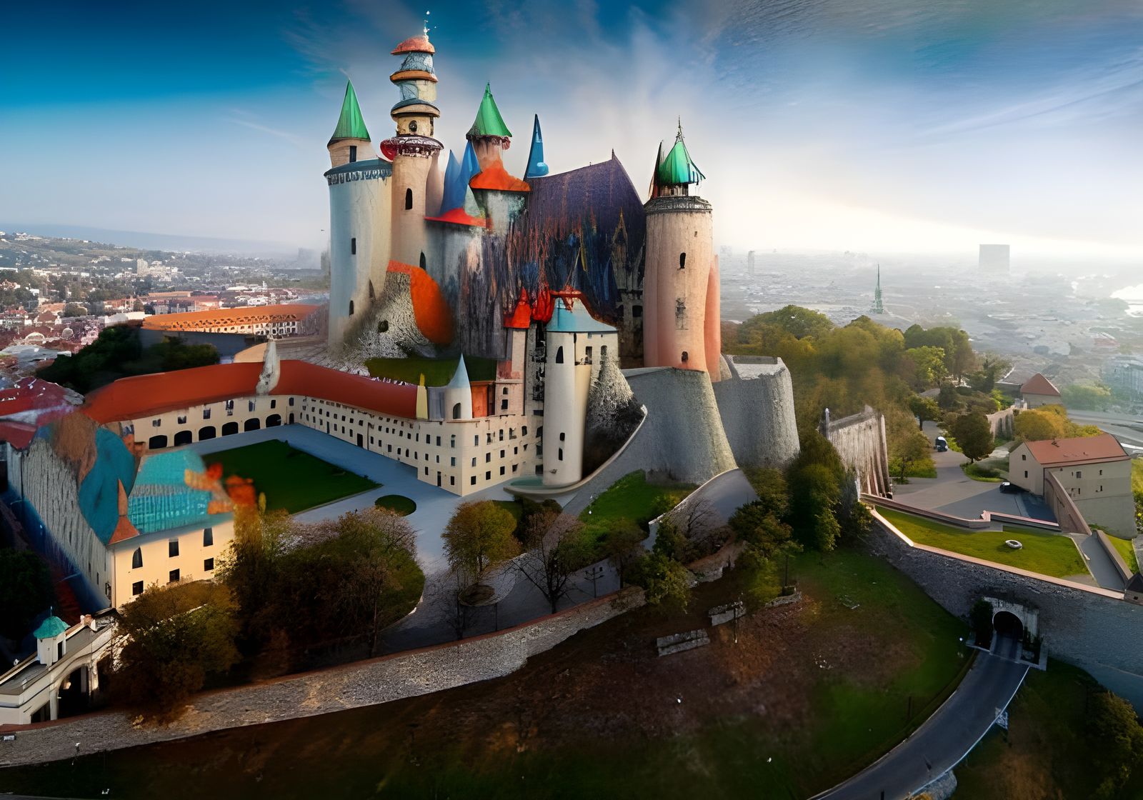 Intricate Fantastical Castle on Hill with Four Towers and Ma...