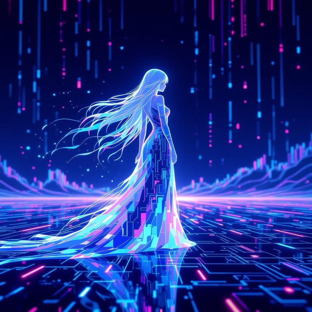 Ethereal Figure of Iridescent Code Streams in Digital Landsc...