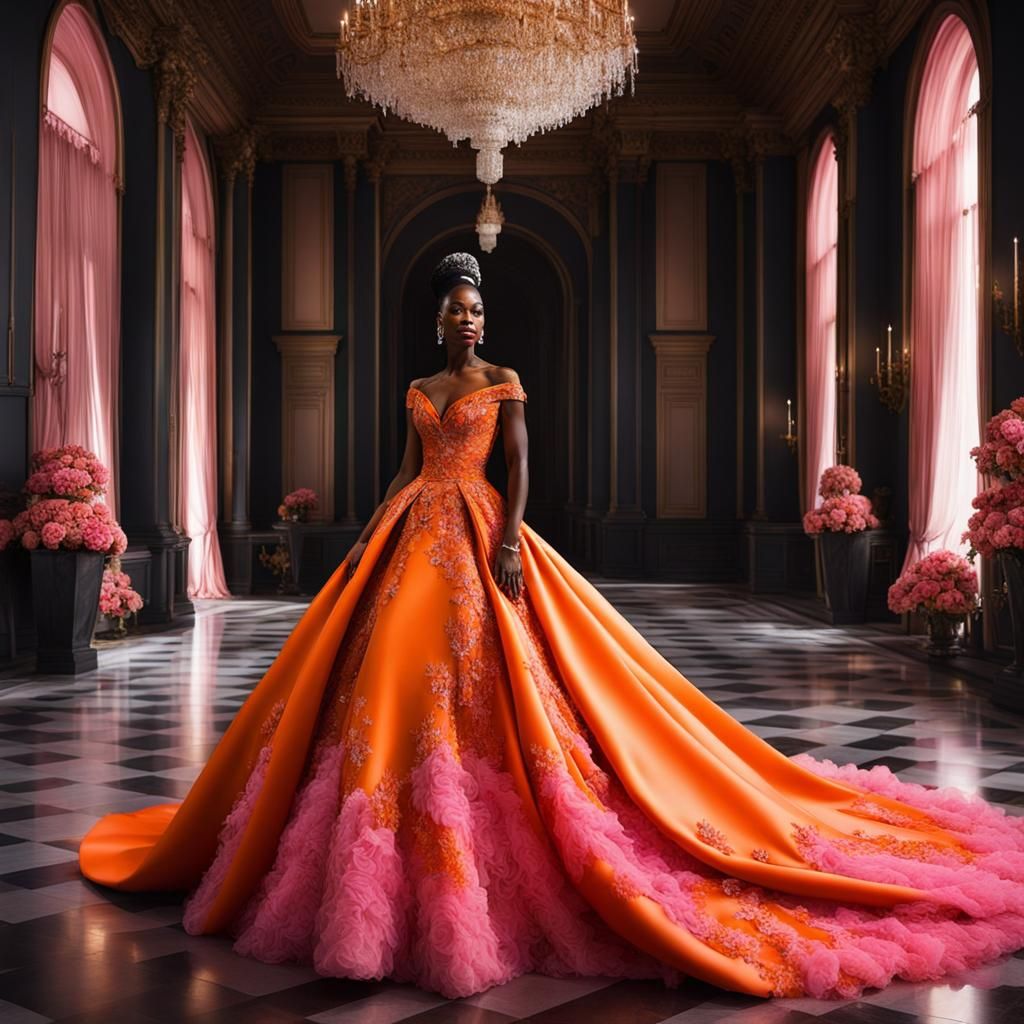Elegant Black Bride in Exotic Orange and Pink Couture Gown