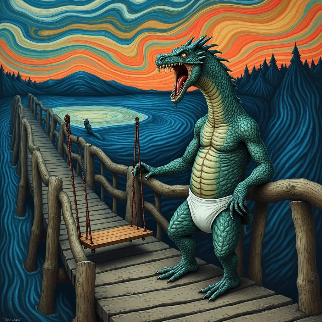 An intensely emotive anthropomorphic screaming dragon wearin...