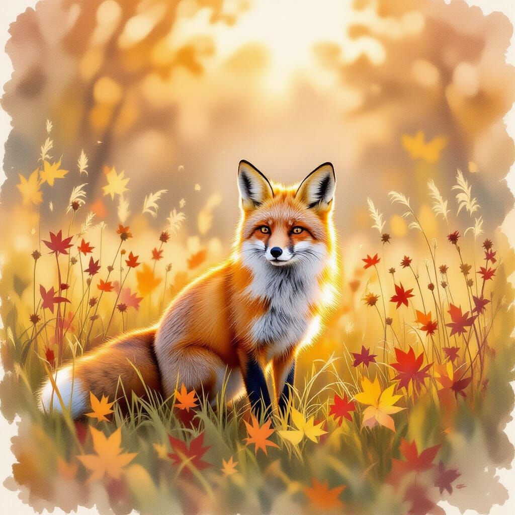 Red Fox in Autumn Meadow, Watercolour Style