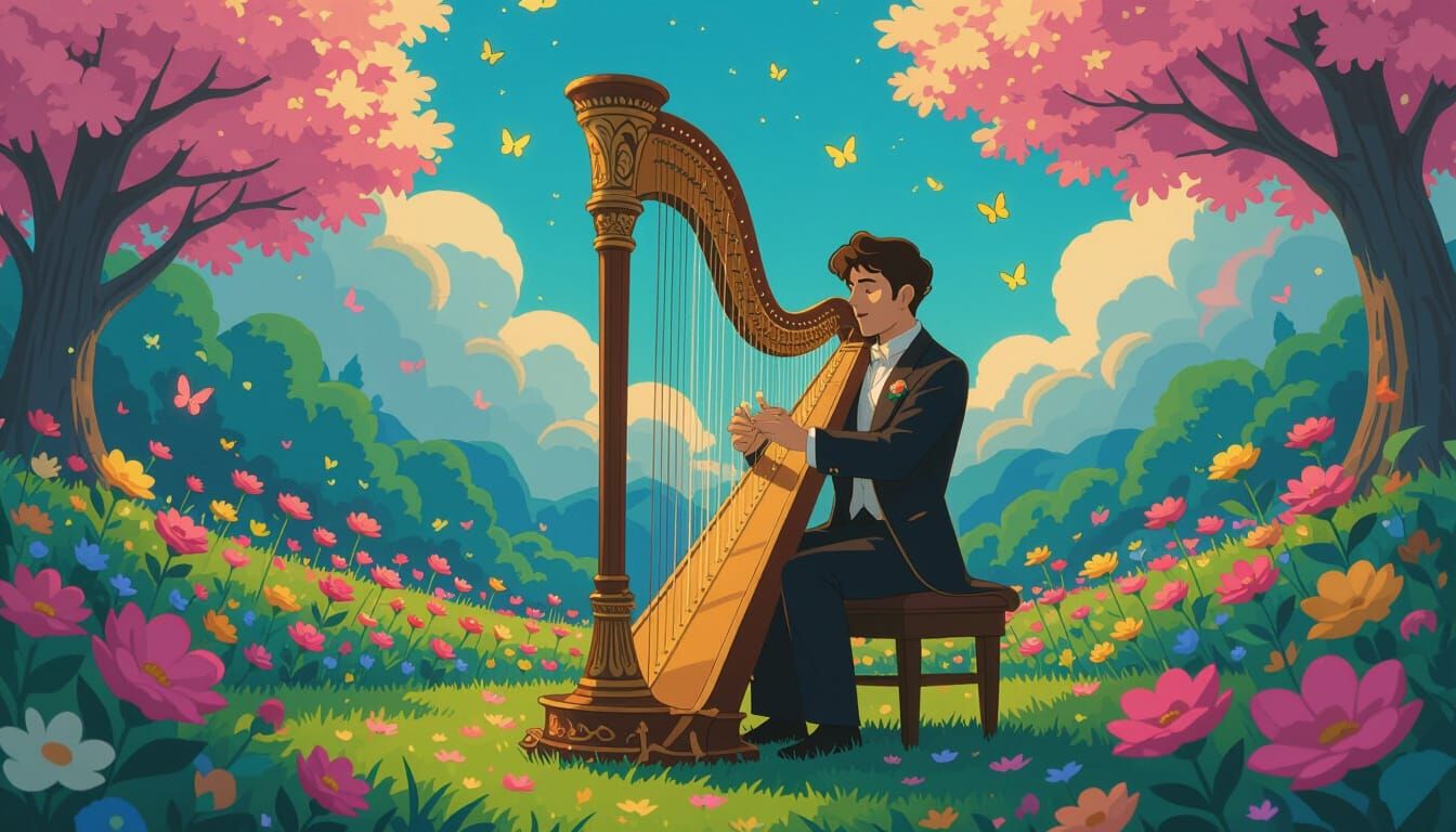 Ghibli Style Harpist in Dream Garden