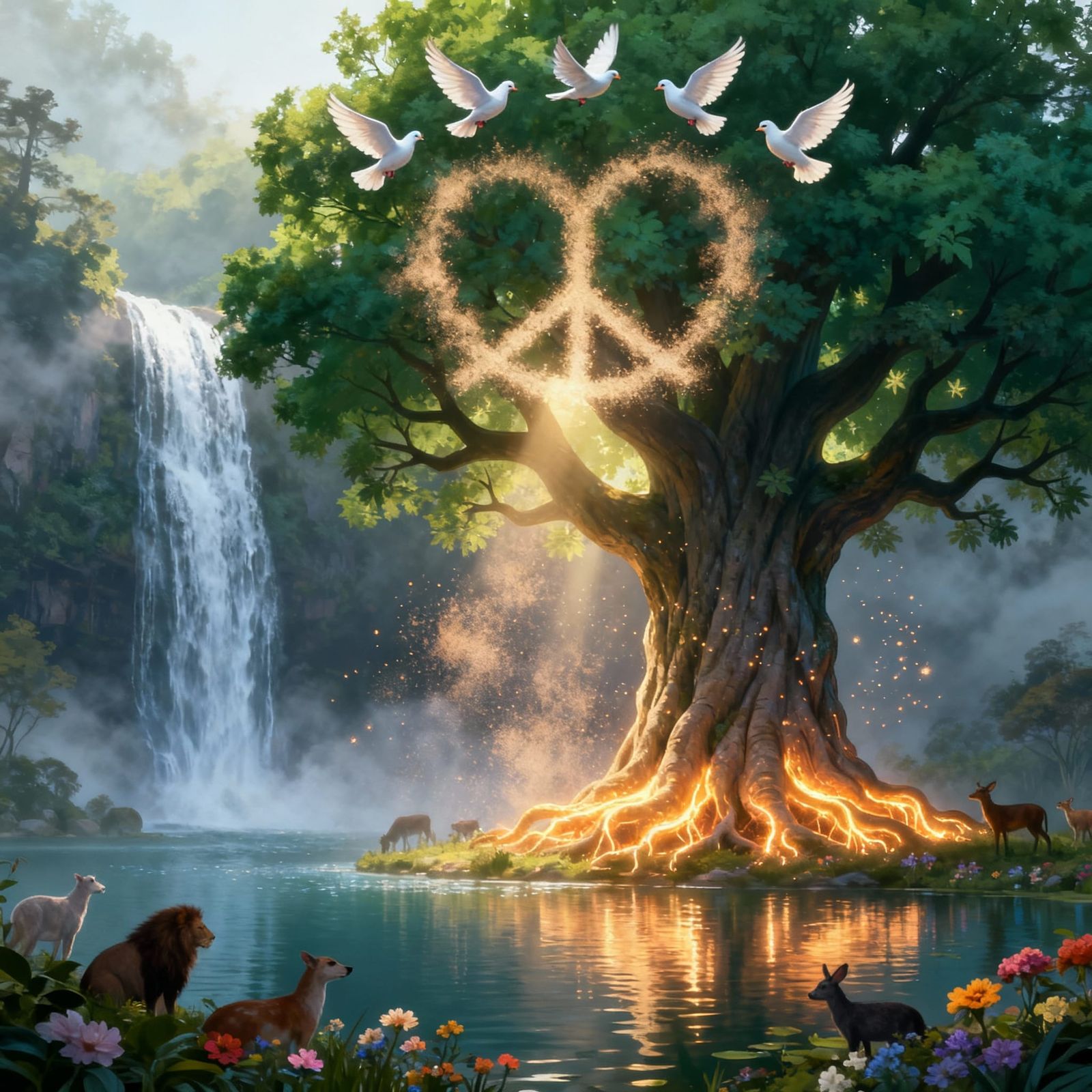 Ancient Glowing Tree Above Waterfall with Doves