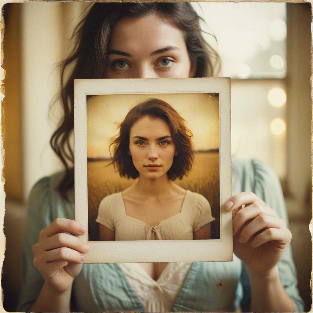 Dreamy Nostalgia: Woman with Faded Polaroid in Watercolor