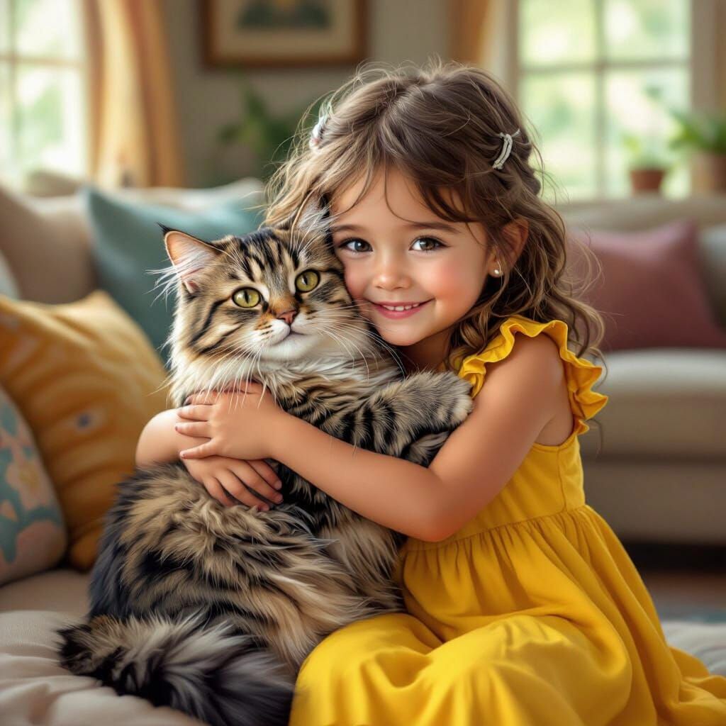 Cute Girl Hugs Overwhelmed Cat in Cozy Living Room