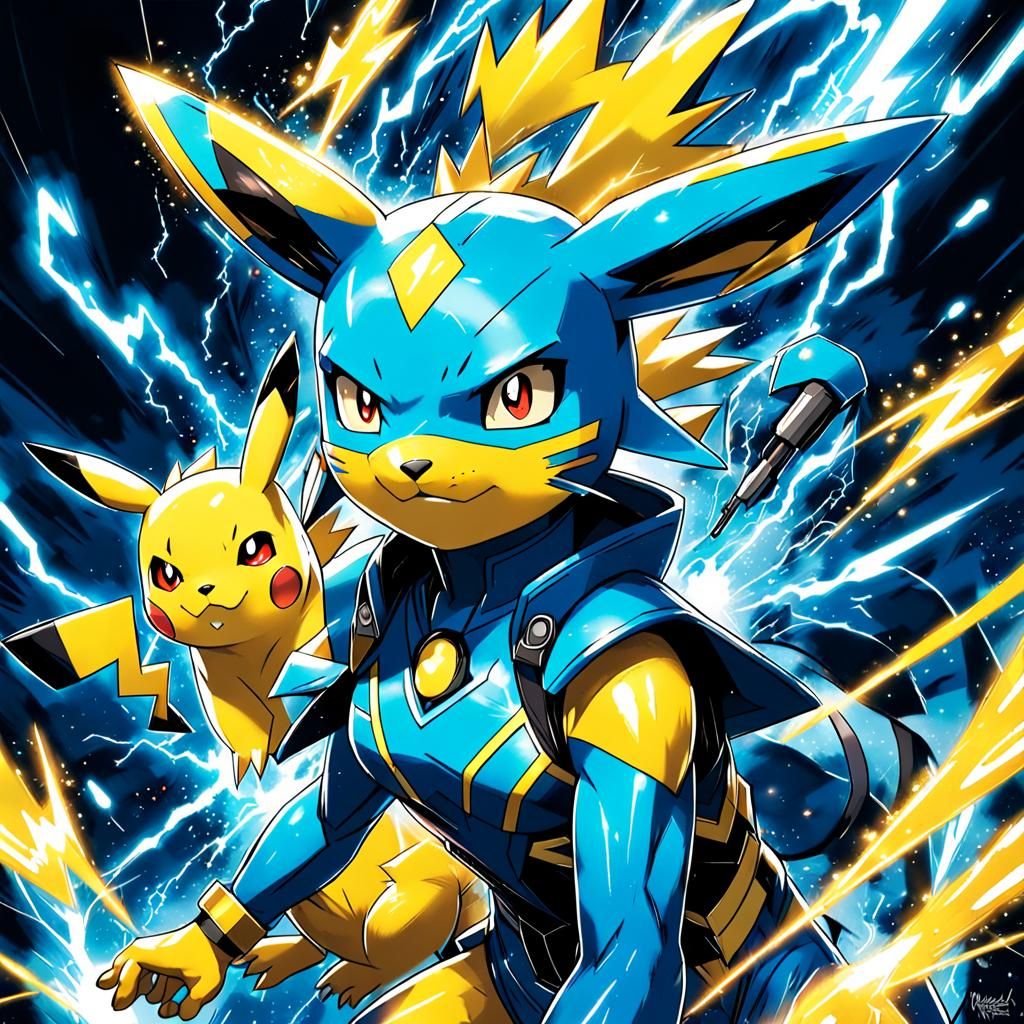Electric Blue Female Zeraora-Pikachu Hybrid in Comic Book St...