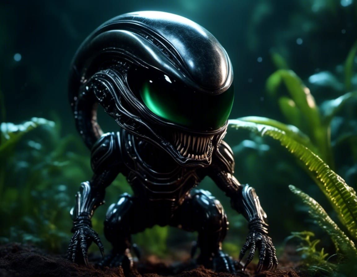 Cute Xenomorph in Chibi Punk Style