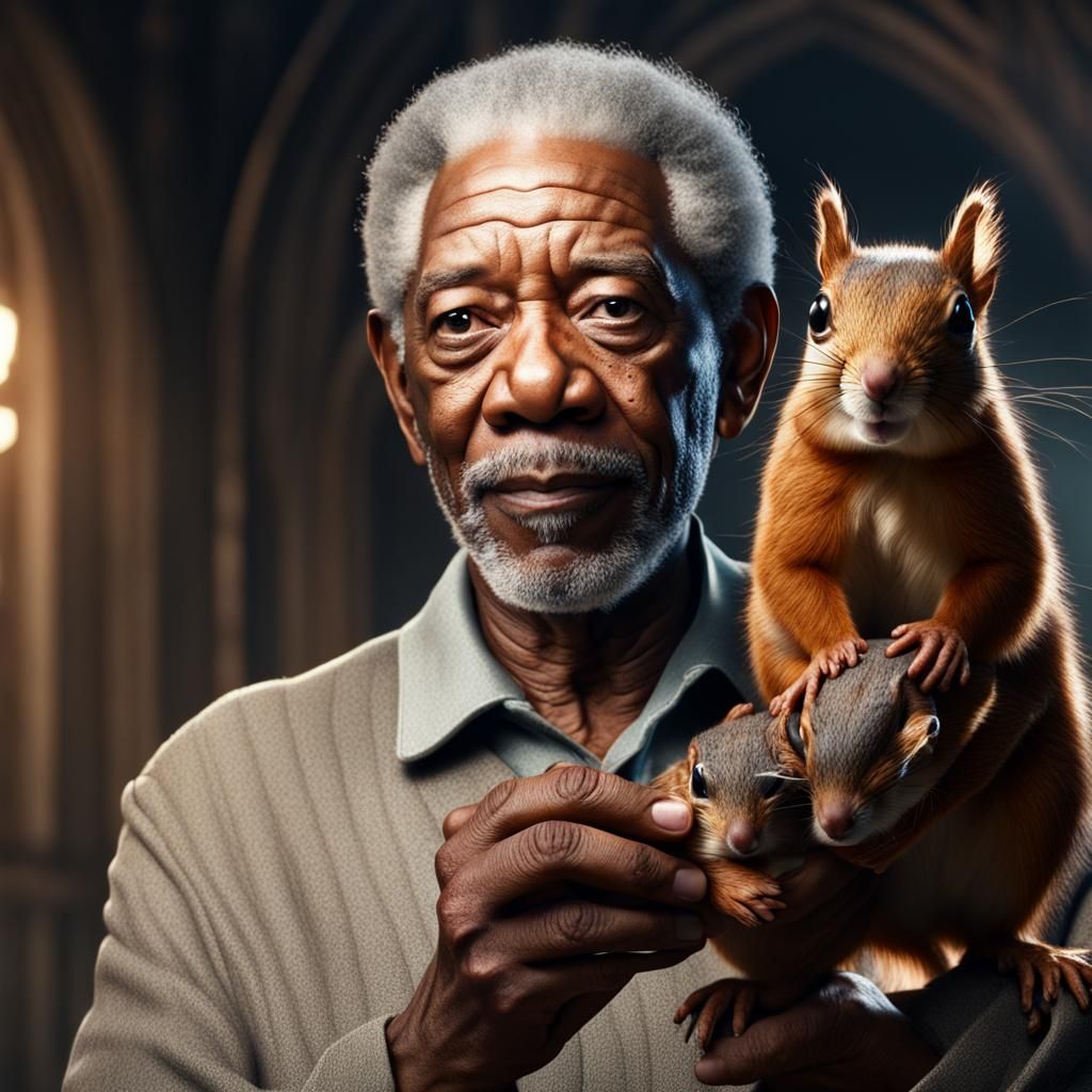 Morgan Freeman as Fantasy Adventurer with Enchanted Squirrel...