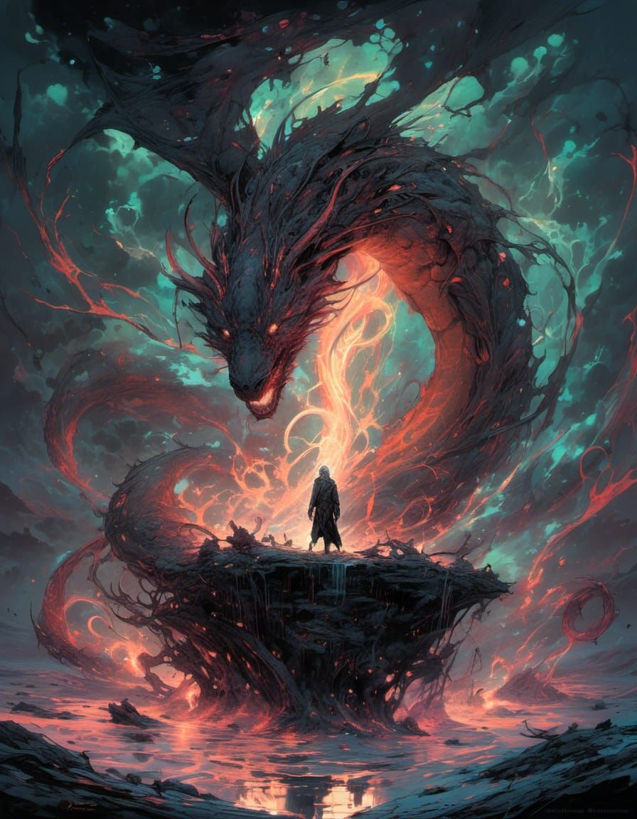 Mystical Figure in Eerie Glowing Realms