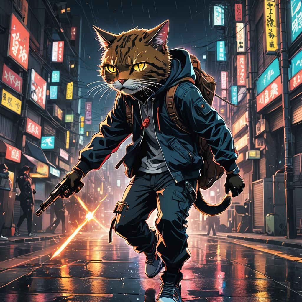 Vibrant Thug Cat Fights for Power in Urban Nighttime