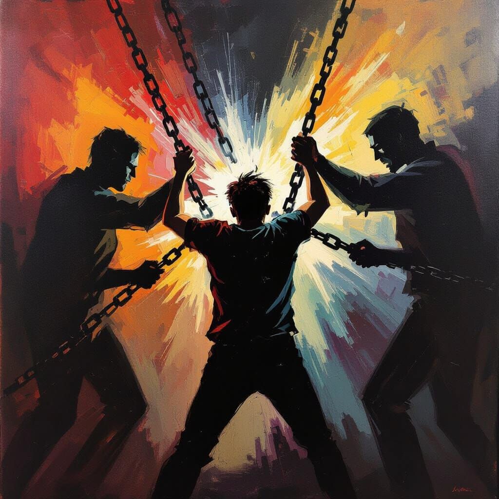 Man Breaks Free from Parental Control in Expressionist Style