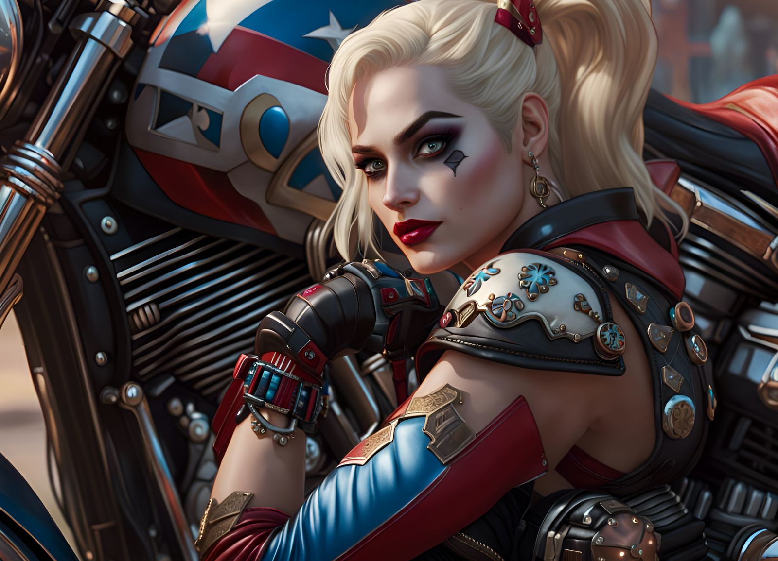 Elegant Harley Quinn on Harley Motorcycle, in Rococo Hyperde...