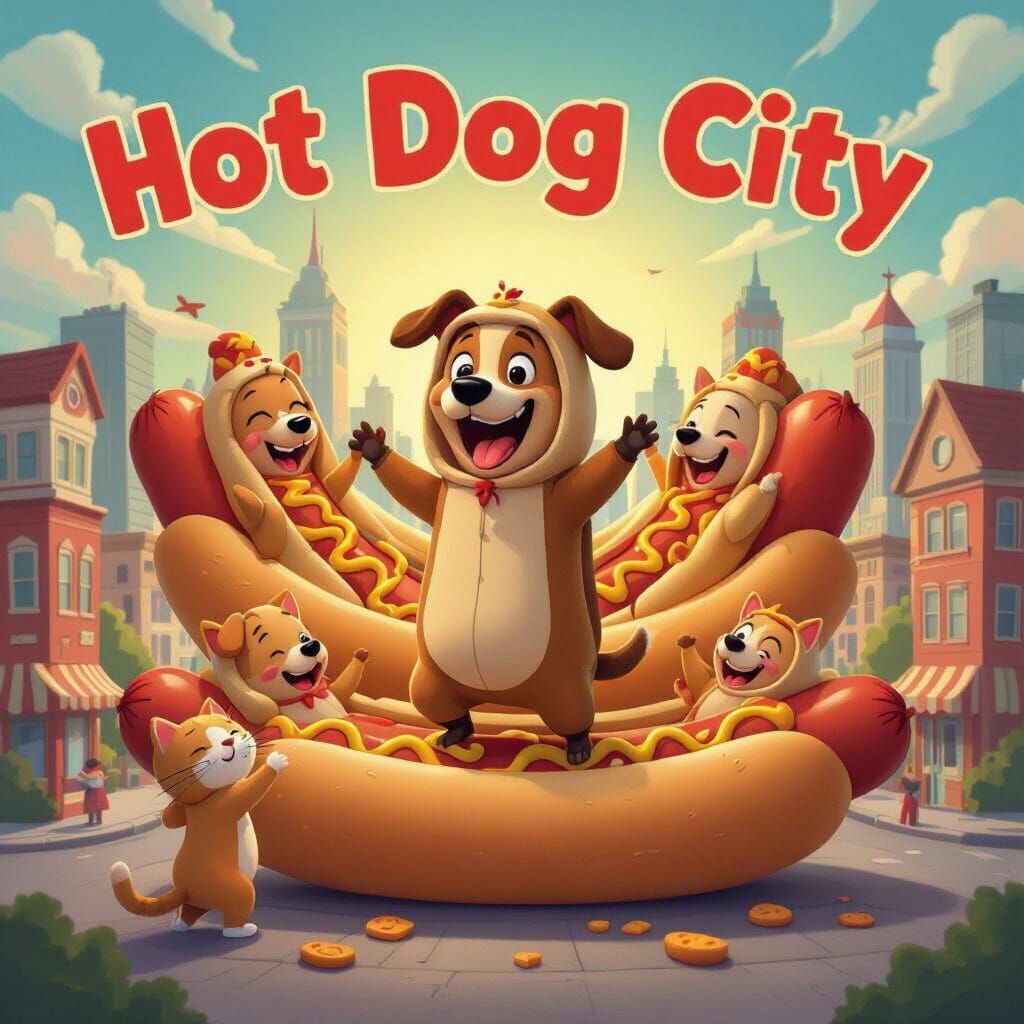 Dancing Hot Dogs in a Giant Bun, Cartoon Style