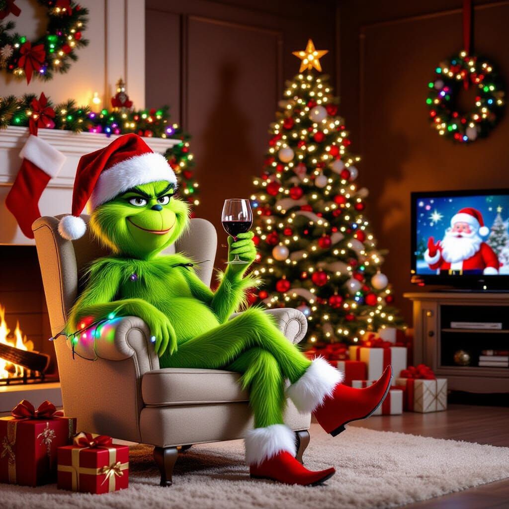 Grinch Character Relaxing in Armchair with Christmas Lights