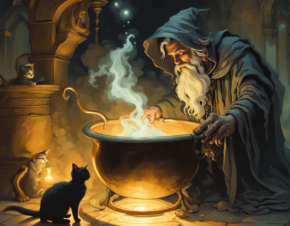 Wizard and Cat: Dark Fantasy Art in Ornate Style