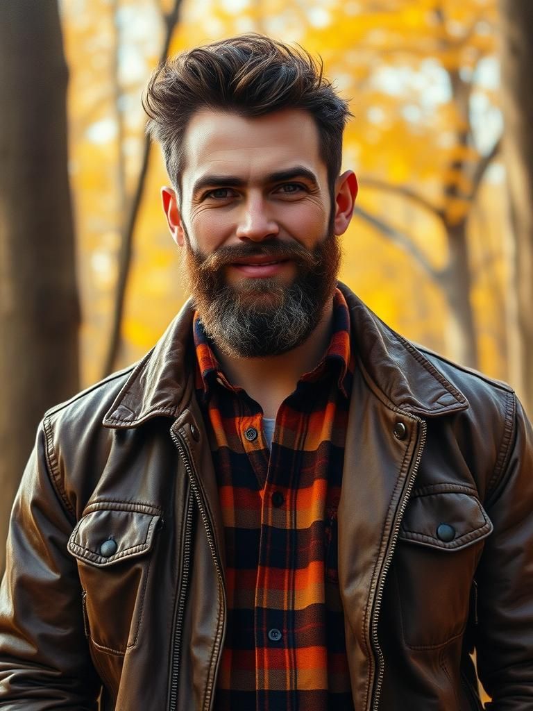 Confident Gentleman Amidst Golden Autumn Woods, in the Style...