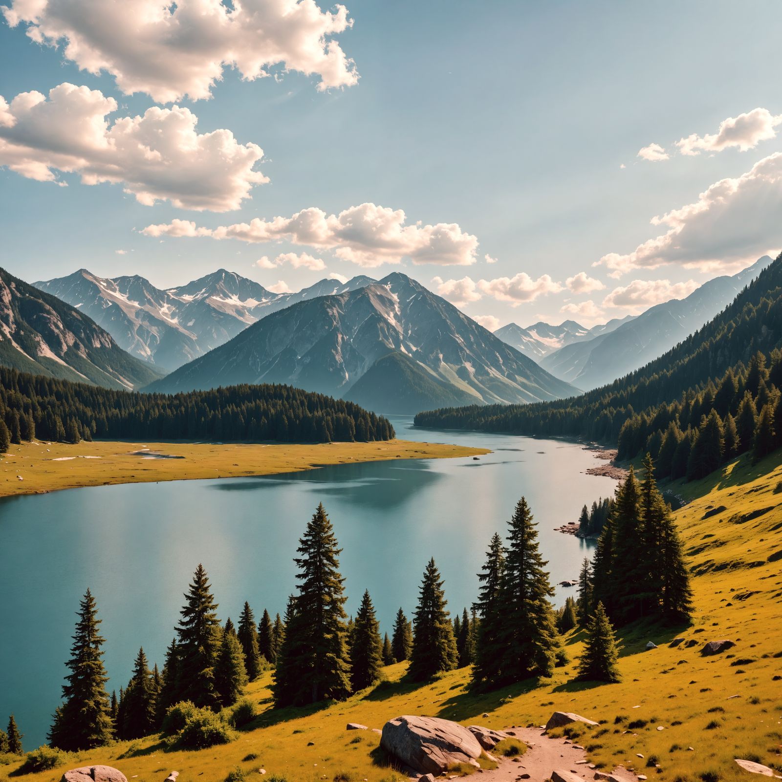Cinematic Mountain Lake Landscape in Hyperrealistic HDR