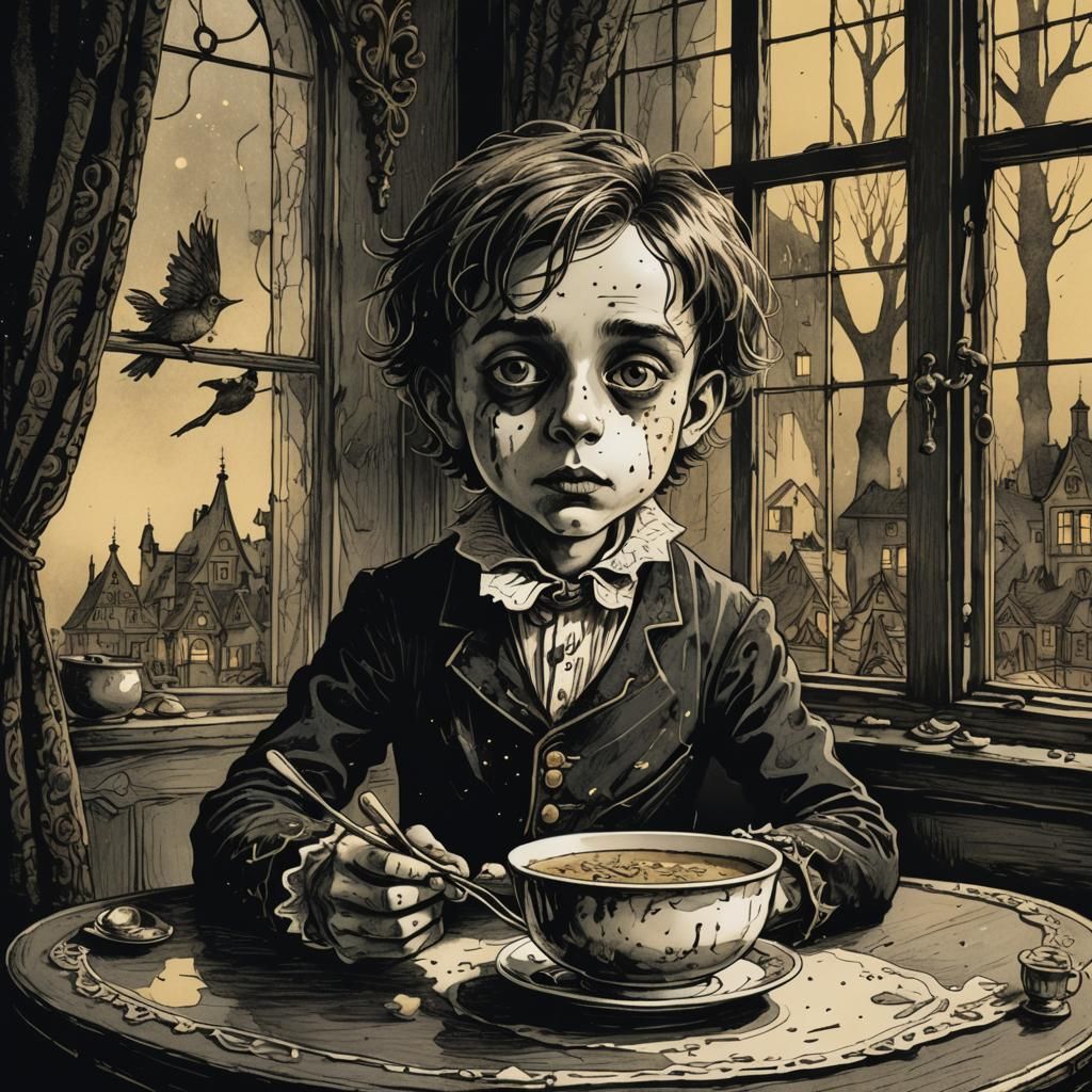 Gothic Struwwelpeter in a Dimly Lit German Parlor