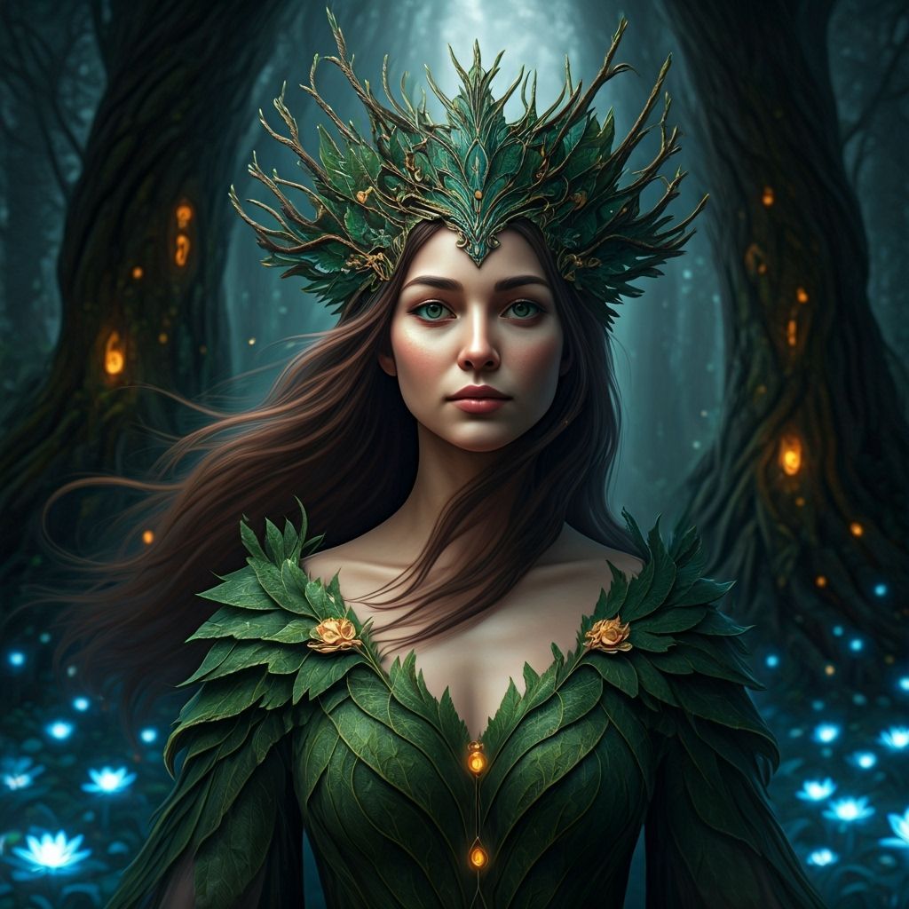 Forest Queen in Moonlit Grove: Ethereal Fantasy Realism
