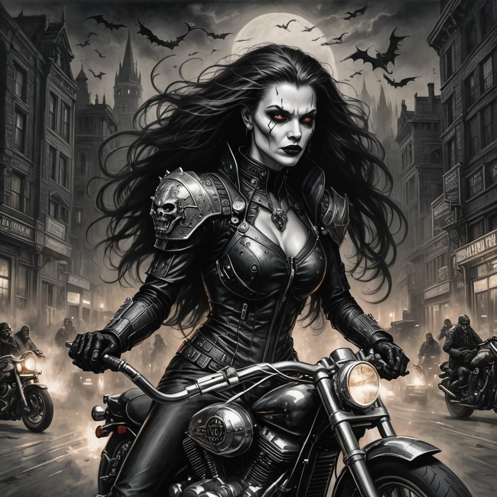Cyborg Vampire Lady Speeds Through Dark Sci-Fi City in Charc...
