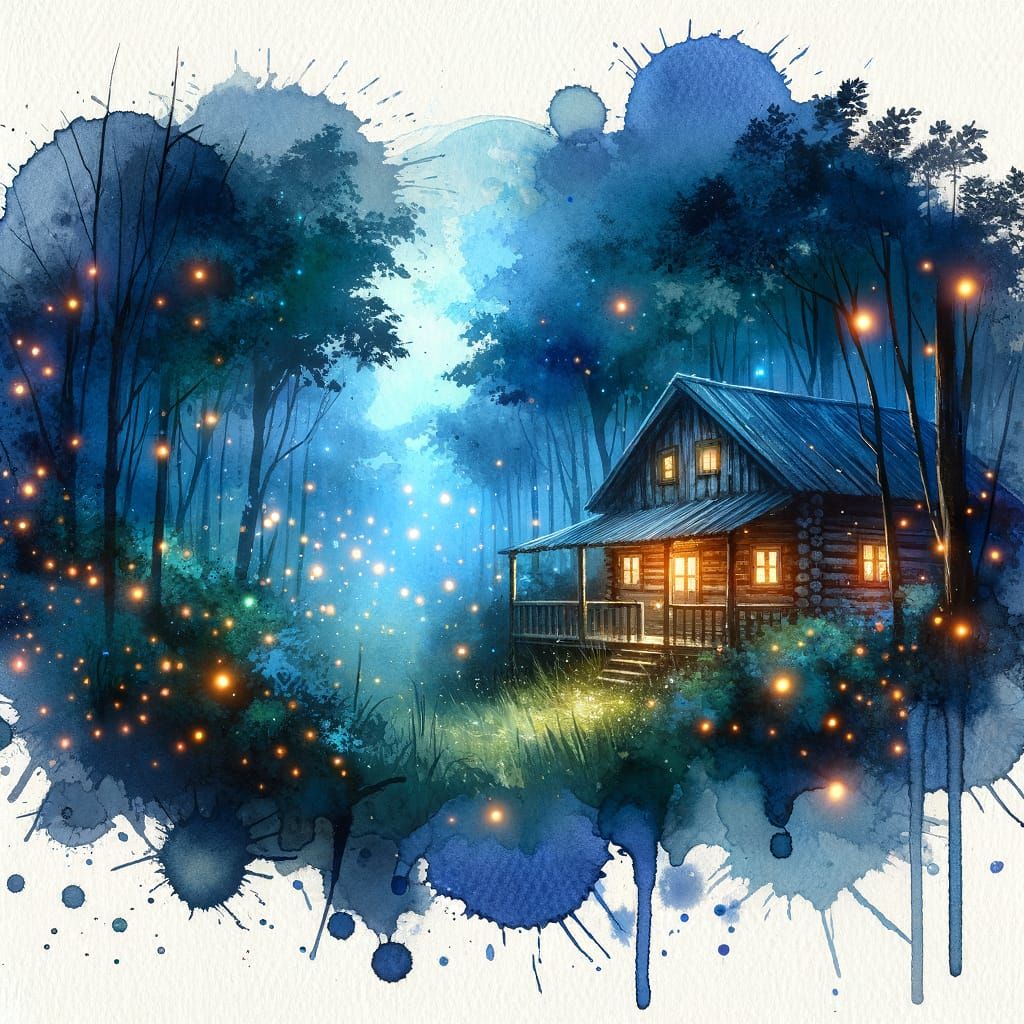 Twilight Cabin in Forest with Fireflies, Watercolor Painting