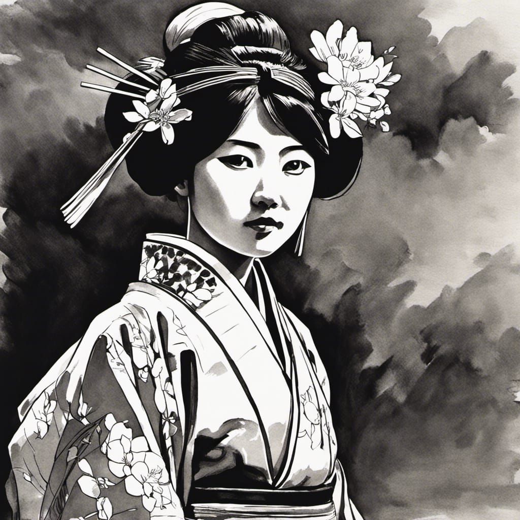 Japanese Girl in Traditional Attire, Black and White Impress...