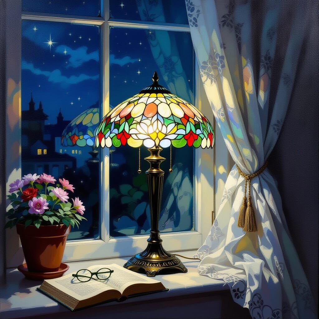 Delicate Oil Painting of a Tiffany Lamp in Art Nouveau Style