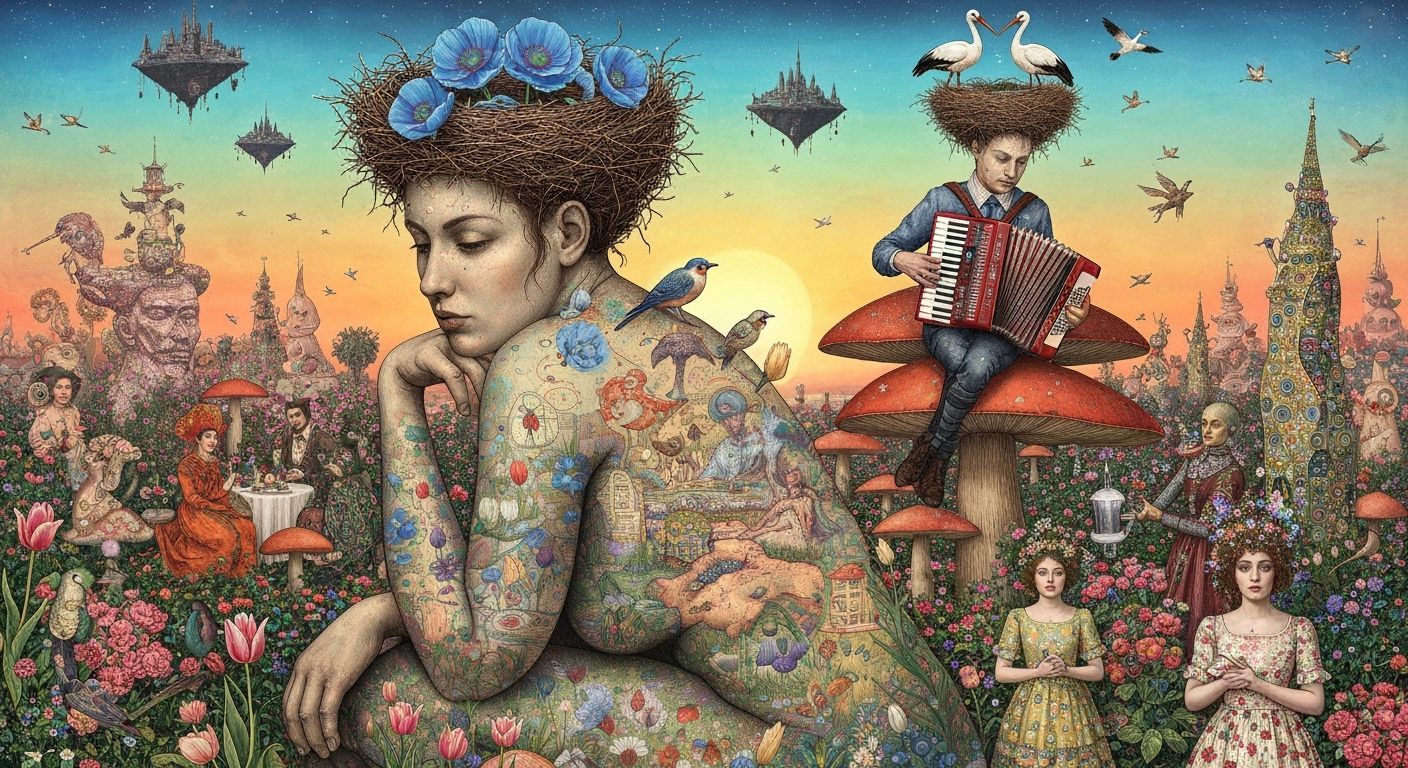 Cosmic Woman Embracing Nature with Celestial Birds