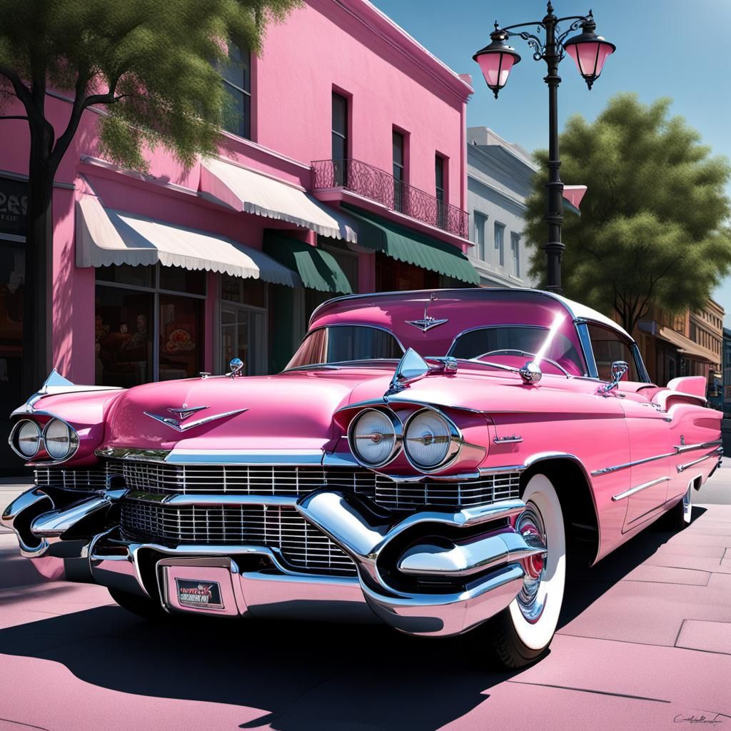 Pink 1959 Cadillac Eldorado in 1960 City Streetlight