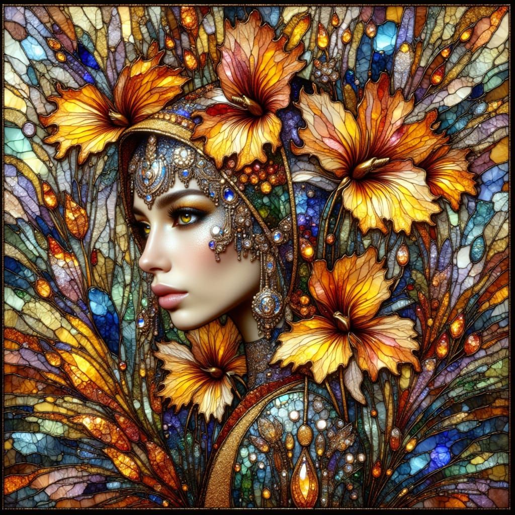 Iridescent Floral Stained Glass in Art Nouveau Style