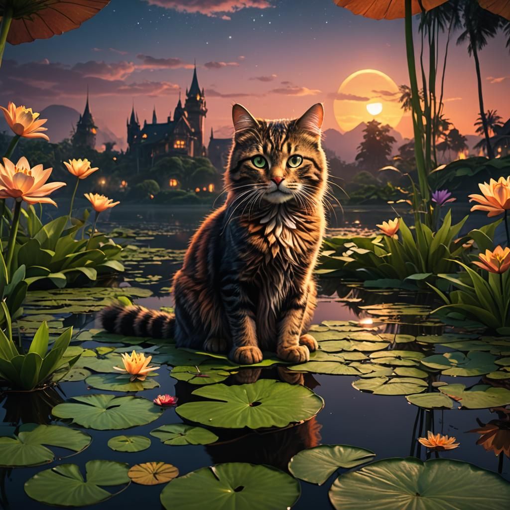 Fantastical Sunset Scene with Cat on Lily Pad