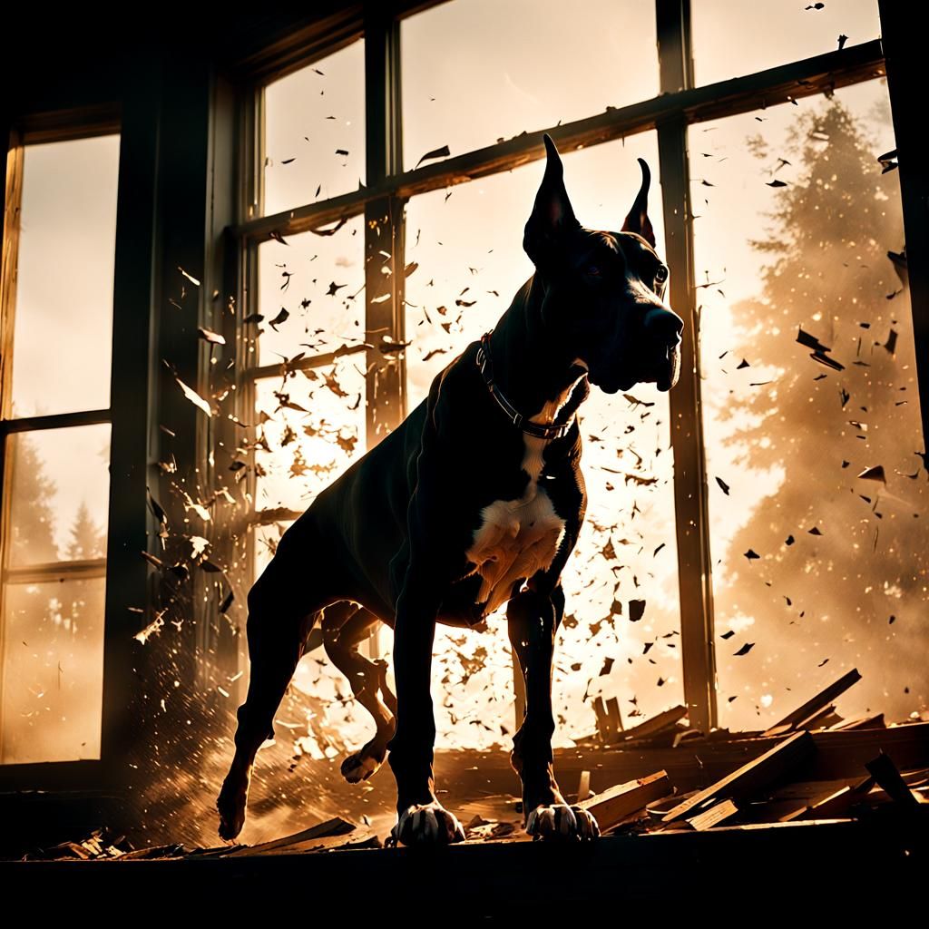 A Great Dane Makes a Dramatic Leap, Shattering Glass and Woo...