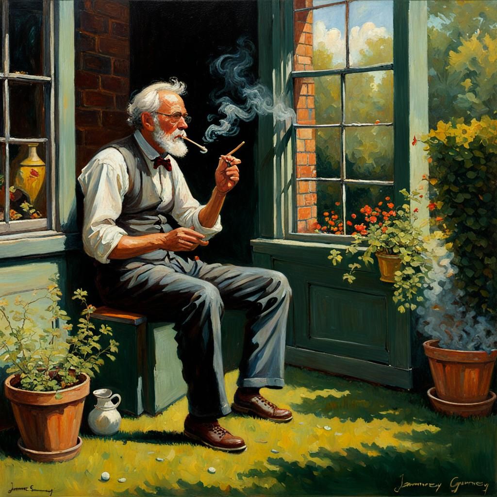 Philosopher Contemplates Childhood in Whimsical Garden Scene