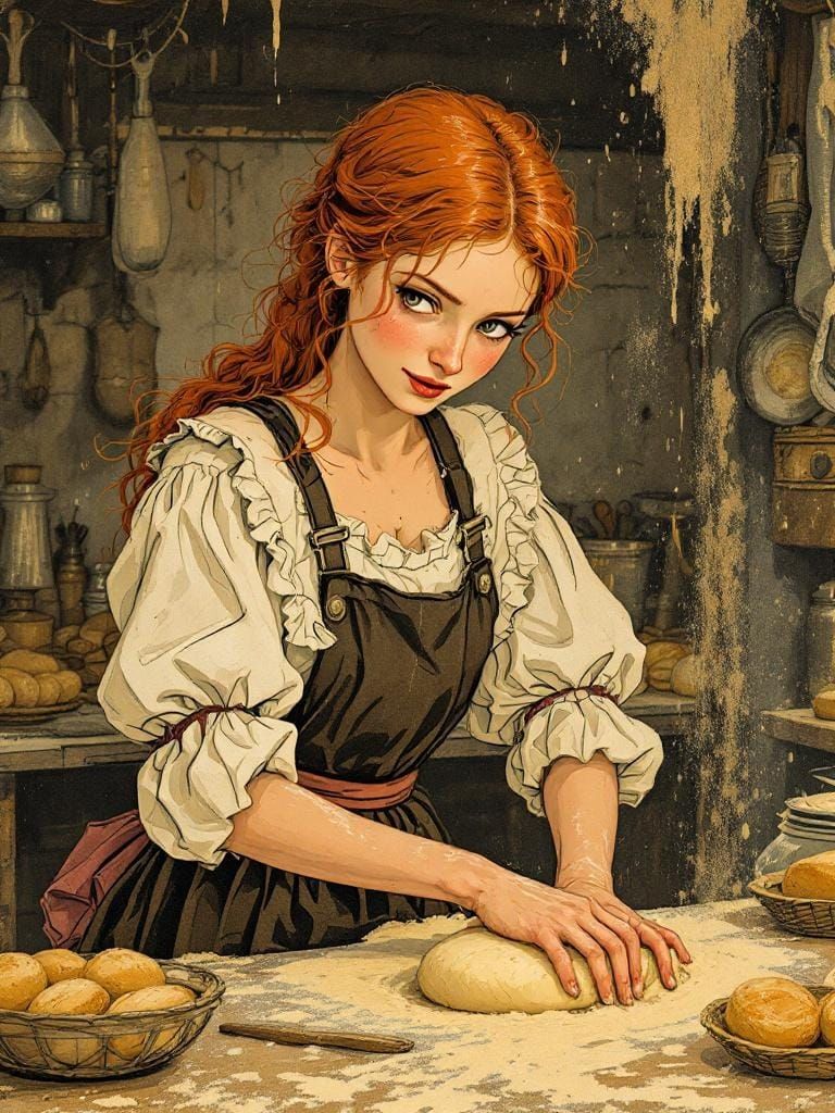 Redhead Baker Kneading Dough, Woodcut Illustration
