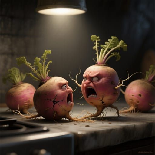 Tiny Rutabagas Arguing in Dramatic Spotlight