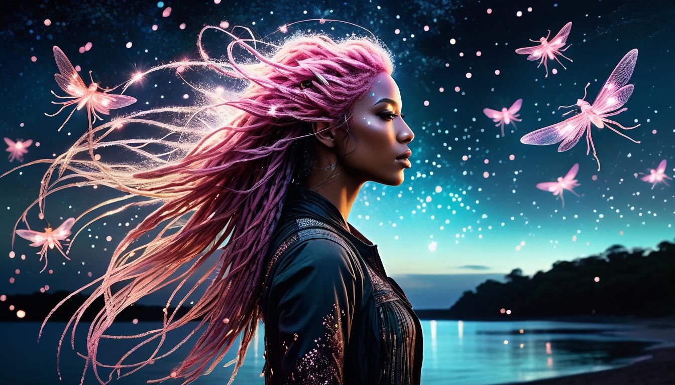 Surreal Pegasus Goddess with Pink Dreadlocks in a Celestial....