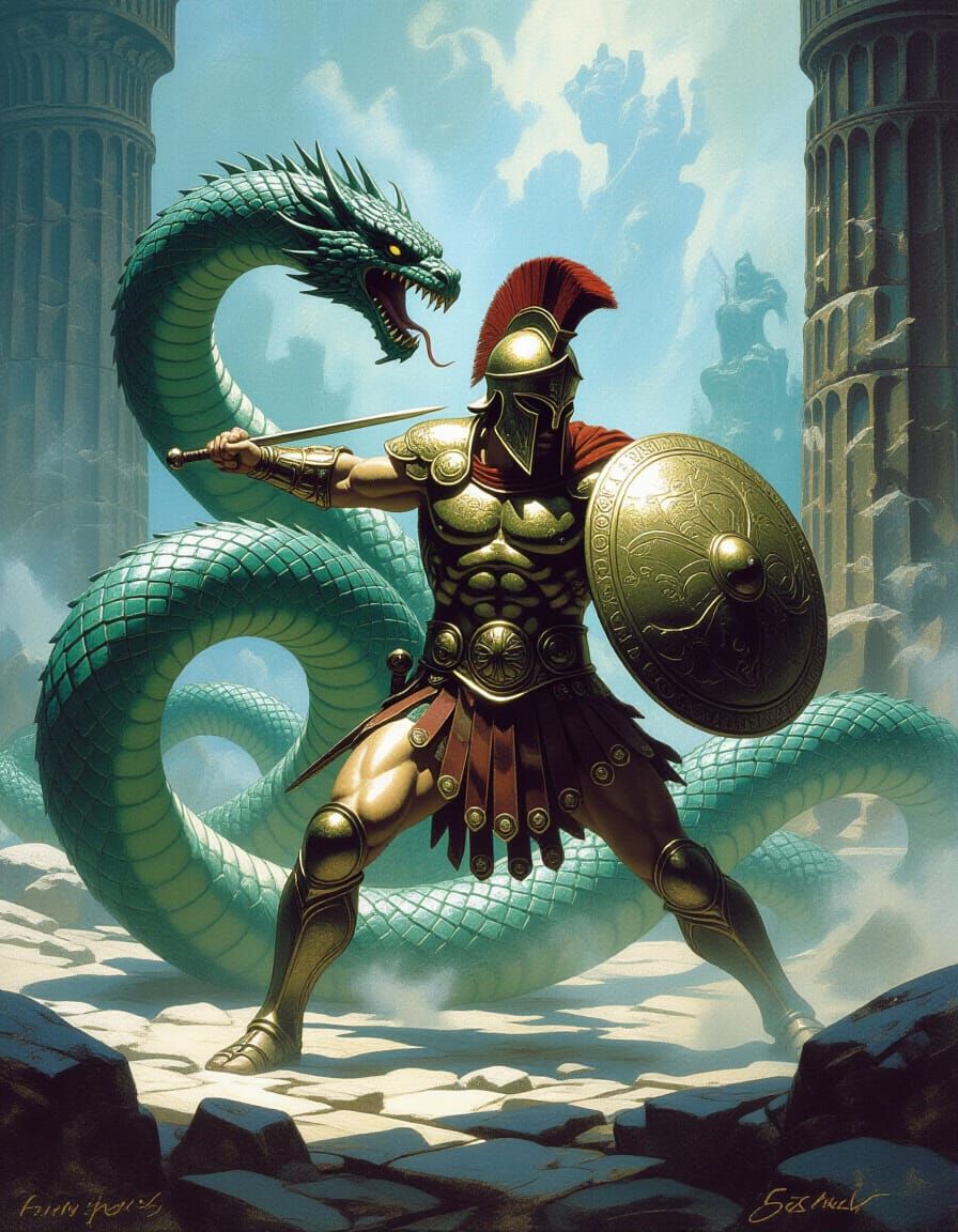 Odysseus Battles Hydra in Dark Mystical Greek Fantasy