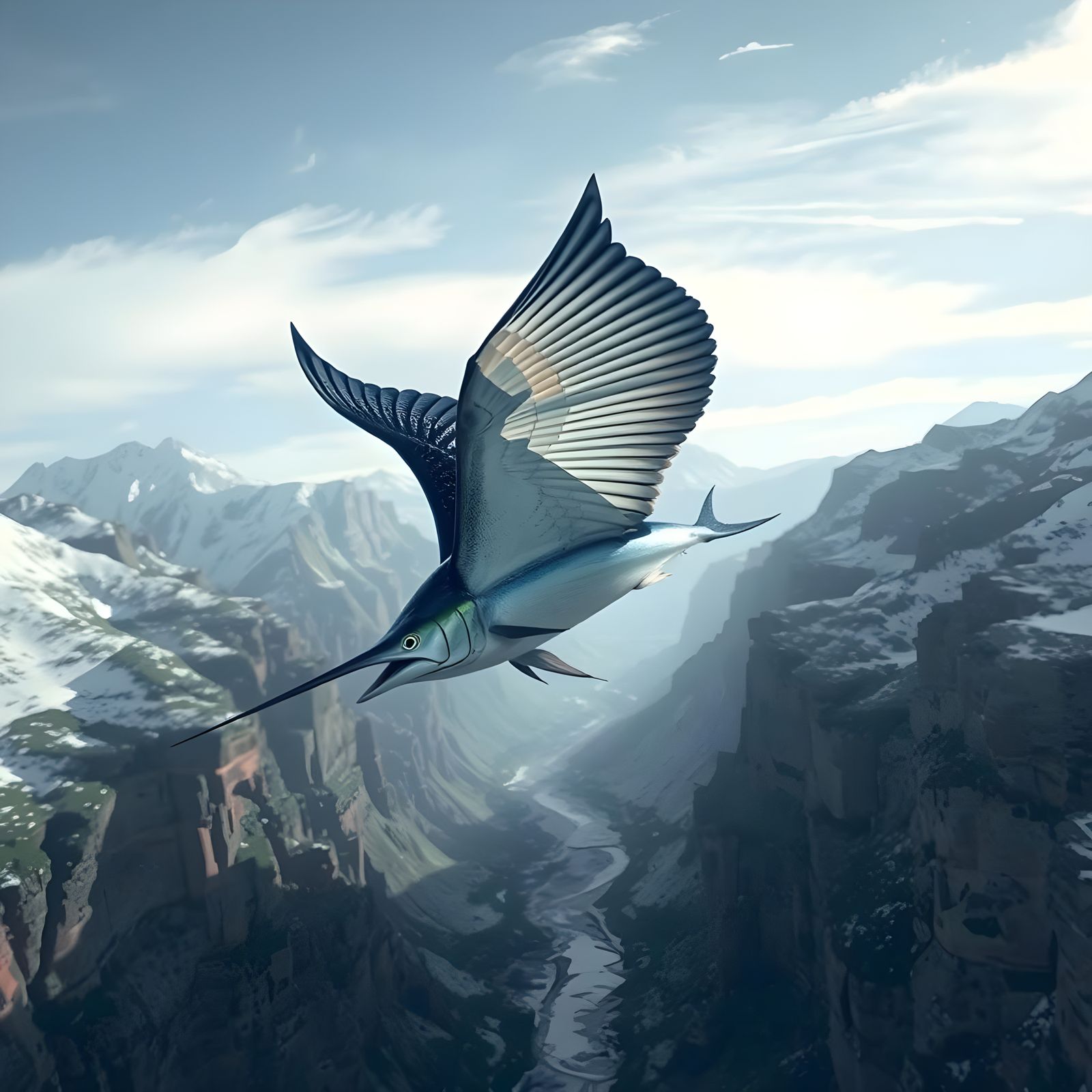 Flying Swordfish Over Snowy Mountains